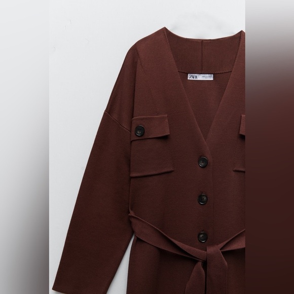 Zara Brown Knit Trench Coat with Belt - Picture 15 of 16